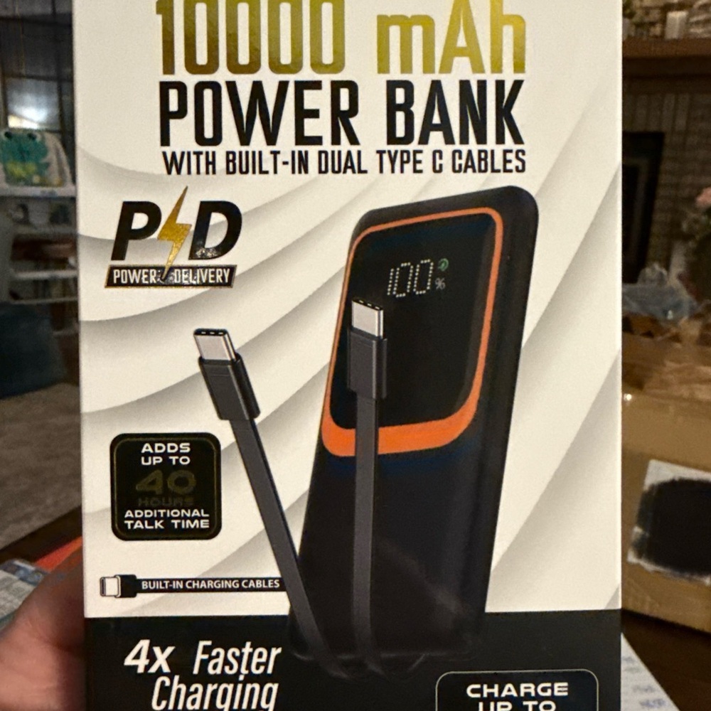 10000 mAh Power Bank with Dual Type C Cables - Black and Orange